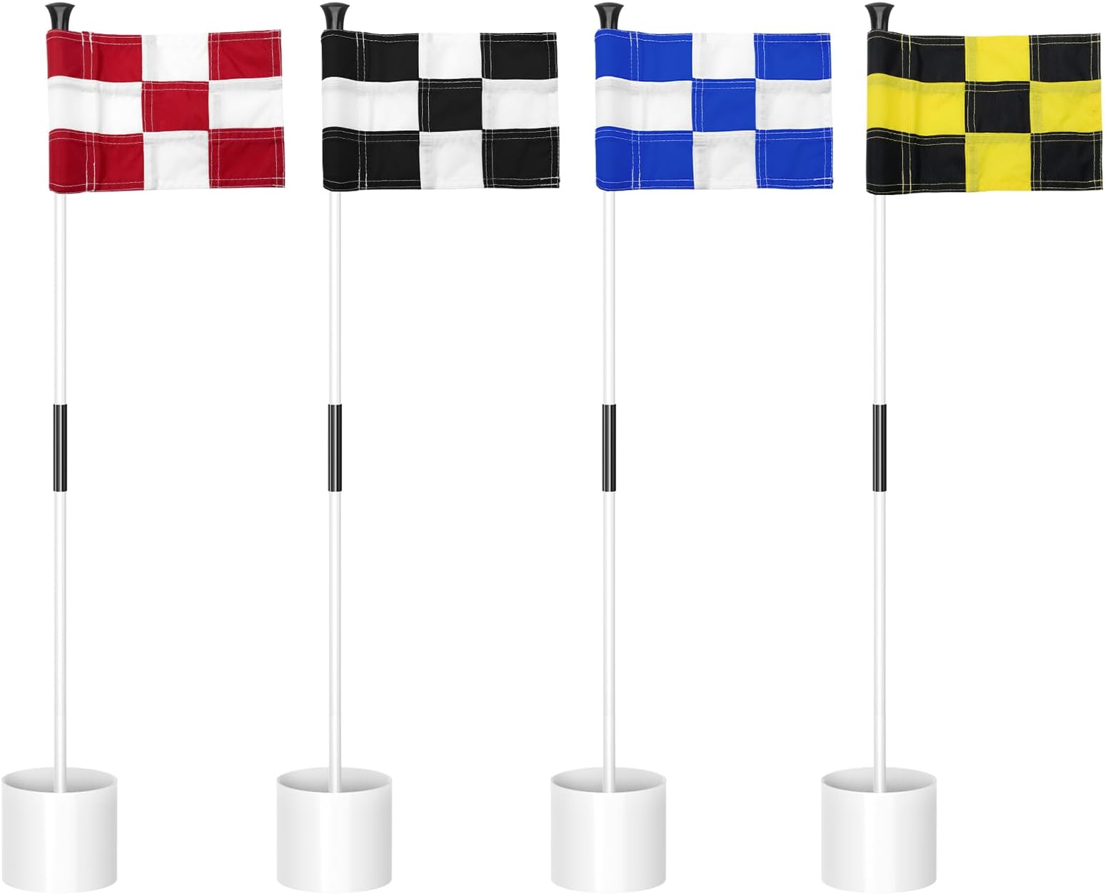 3 ft White Golf Flagstick Sets with Checkered Flags, 4 Pack