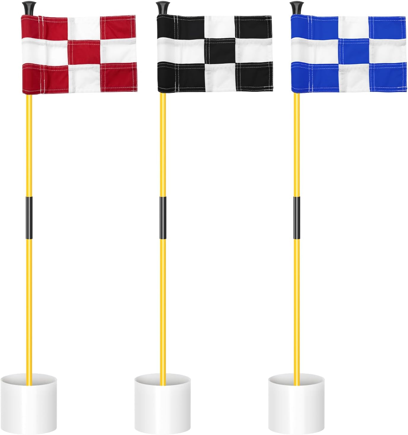 3 ft Yellow Golf Flagstick Sets with Checkered Flags, 3 Pack