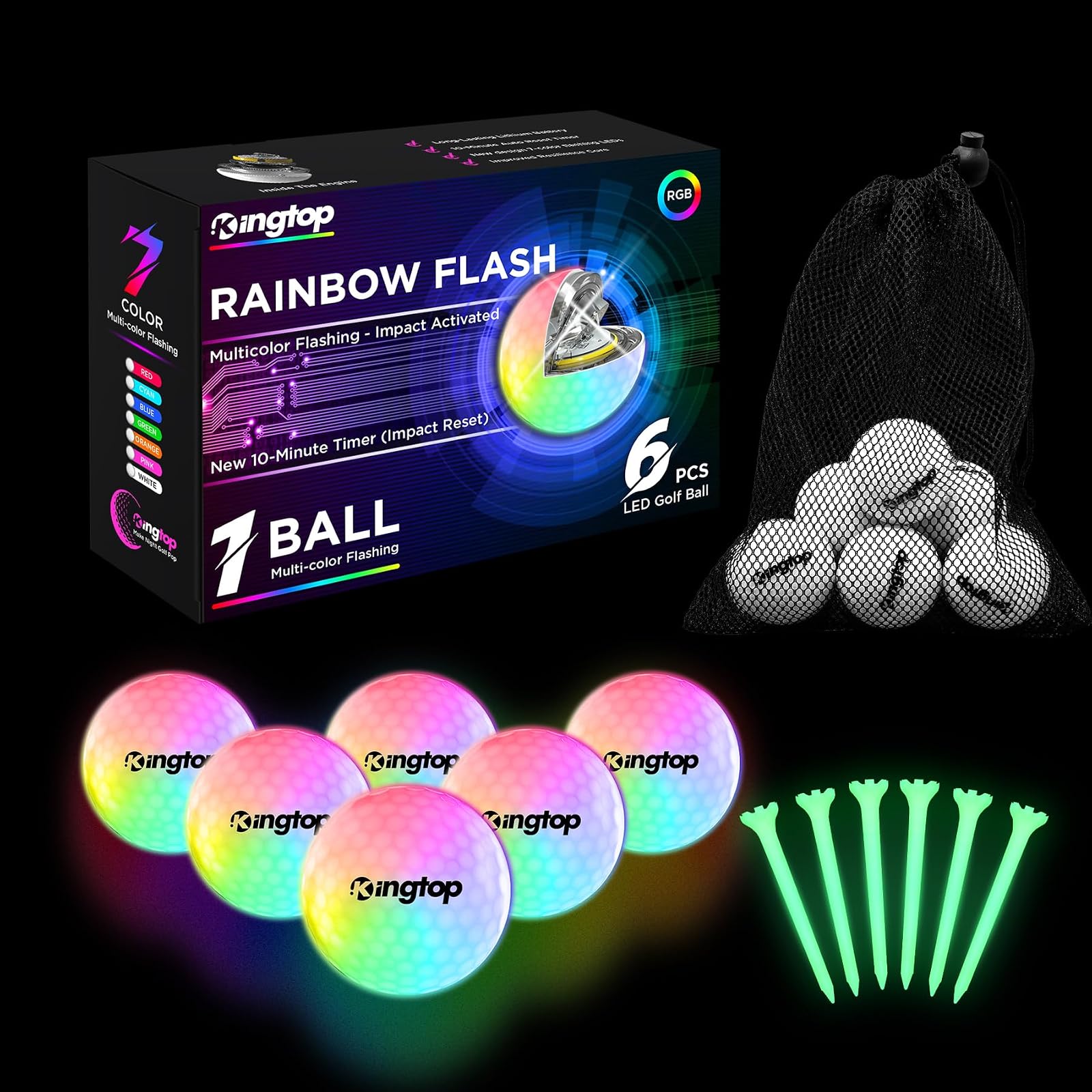 Multicolor Flashing LED Golf Balls with Glow Tees, 6 Pack