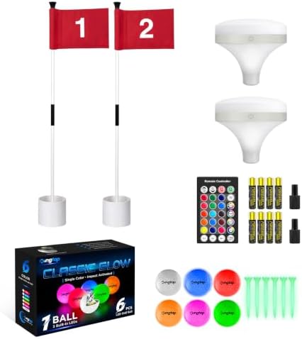 Night Golf, 2 White Flagsticks 1-2, Top Lights, 6 LED Balls