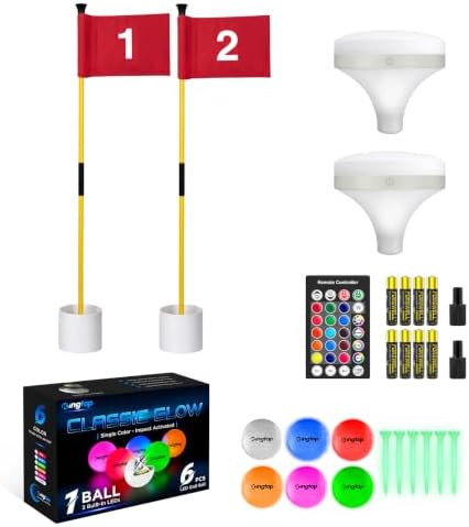 Night Golf, 2 Yellow Flagsticks 1-2, Top Lights, 6 LED Balls