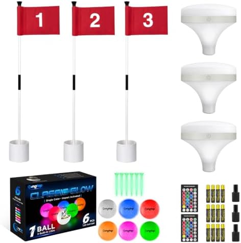 Night Golf, 3 White Flagsticks 1-3, Top Lights, 6 LED Balls