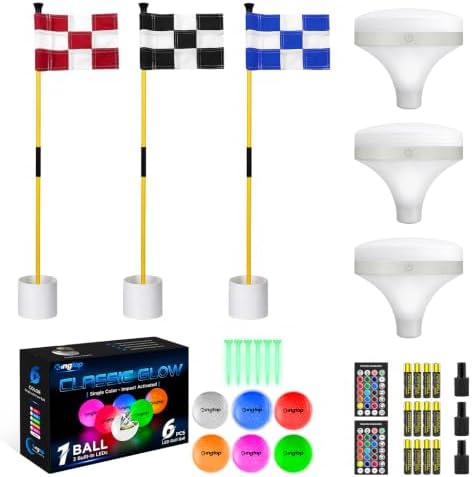 Night Golf, 3 Yellow Checkered Flagsticks, Top Lights, 6 LED Balls