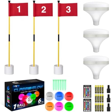 Night Golf, 3 Yellow Flagsticks 1-3, Top Lights, 6 LED Balls