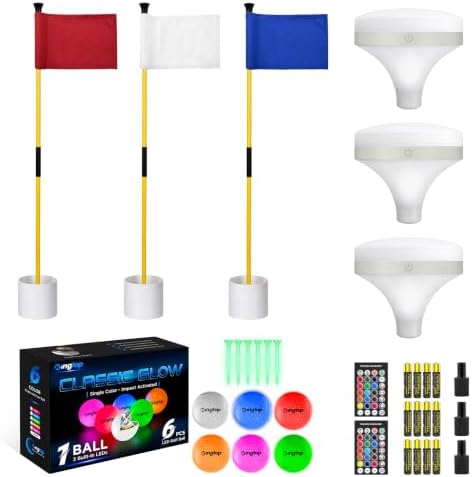 Night Golf, 3 Yellow Solid-Flag Flagsticks, Top Lights, 6 LED Balls