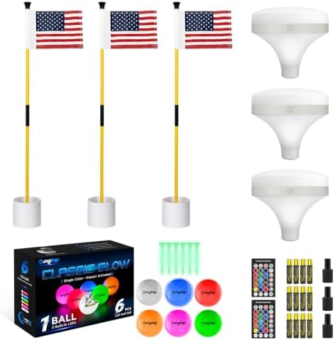 Night Golf, 3 Yellow USA Flagsticks, Top Lights, 6 LED Balls