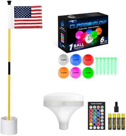 Night Golf, Yellow USA Flagstick, Top Light, 6 LED Balls