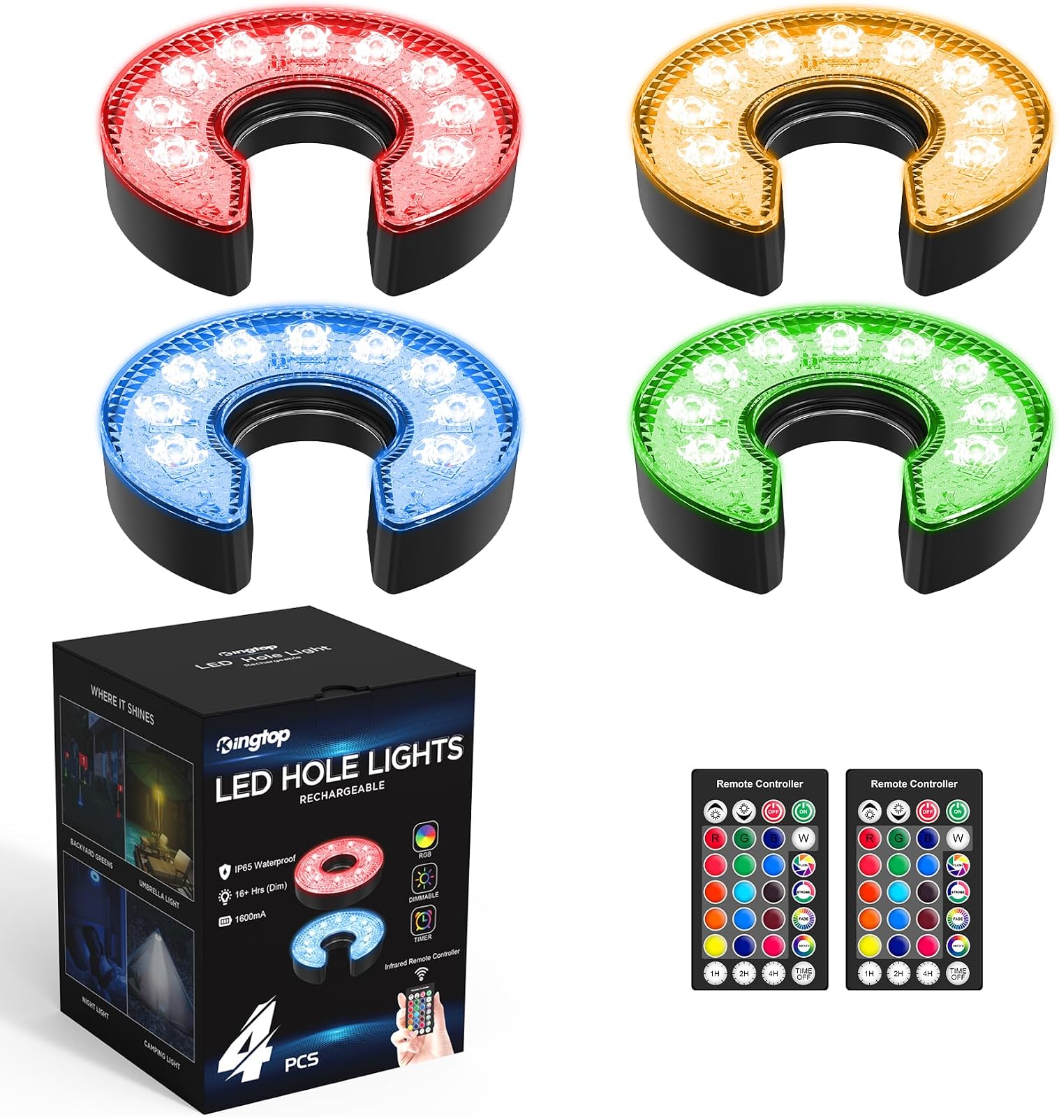 Rechargeable C-Shape LED Golf Hole Lights, 4 Pack