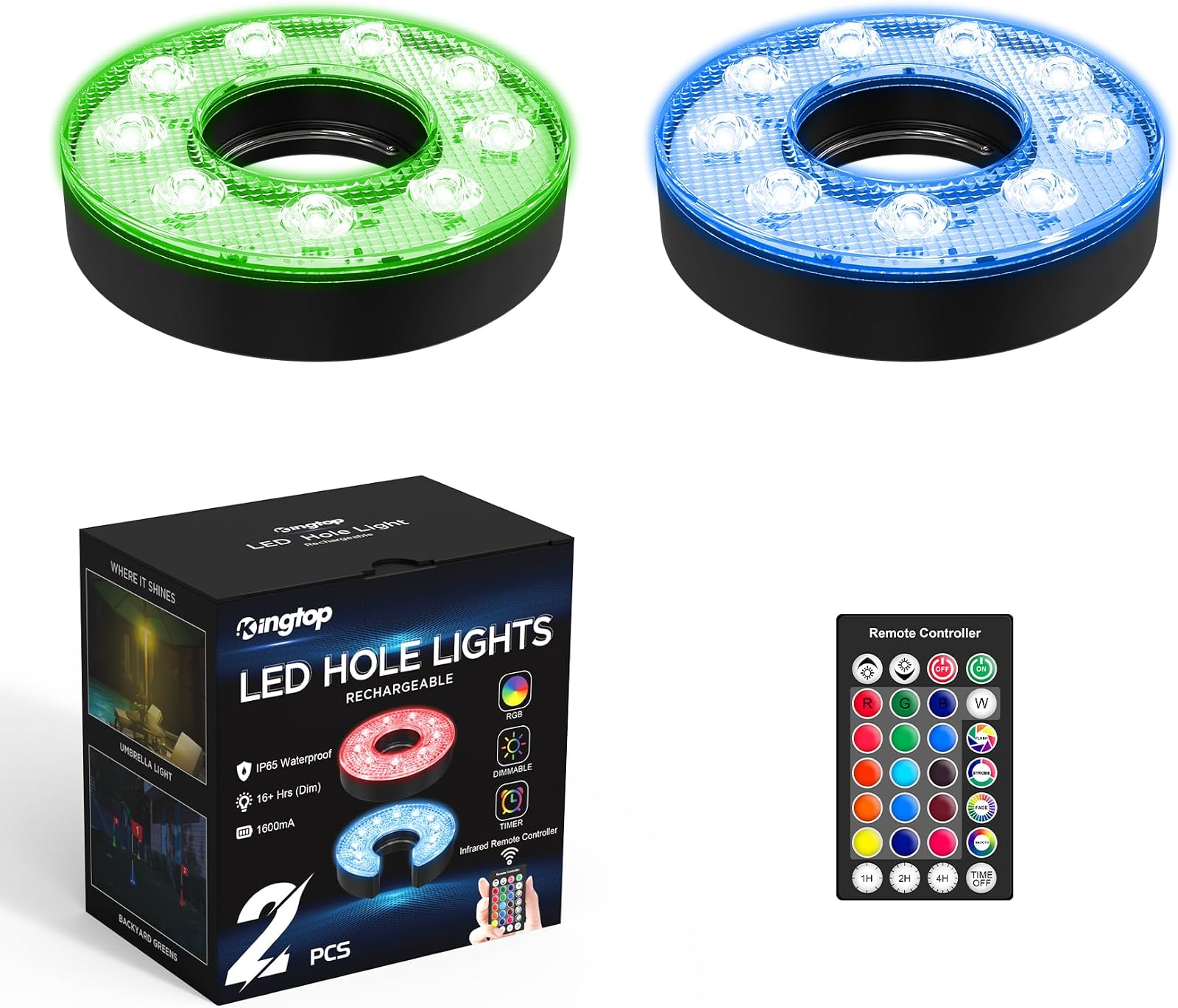 Rechargeable O-Shape LED Golf Hole Lights, 2 Pack