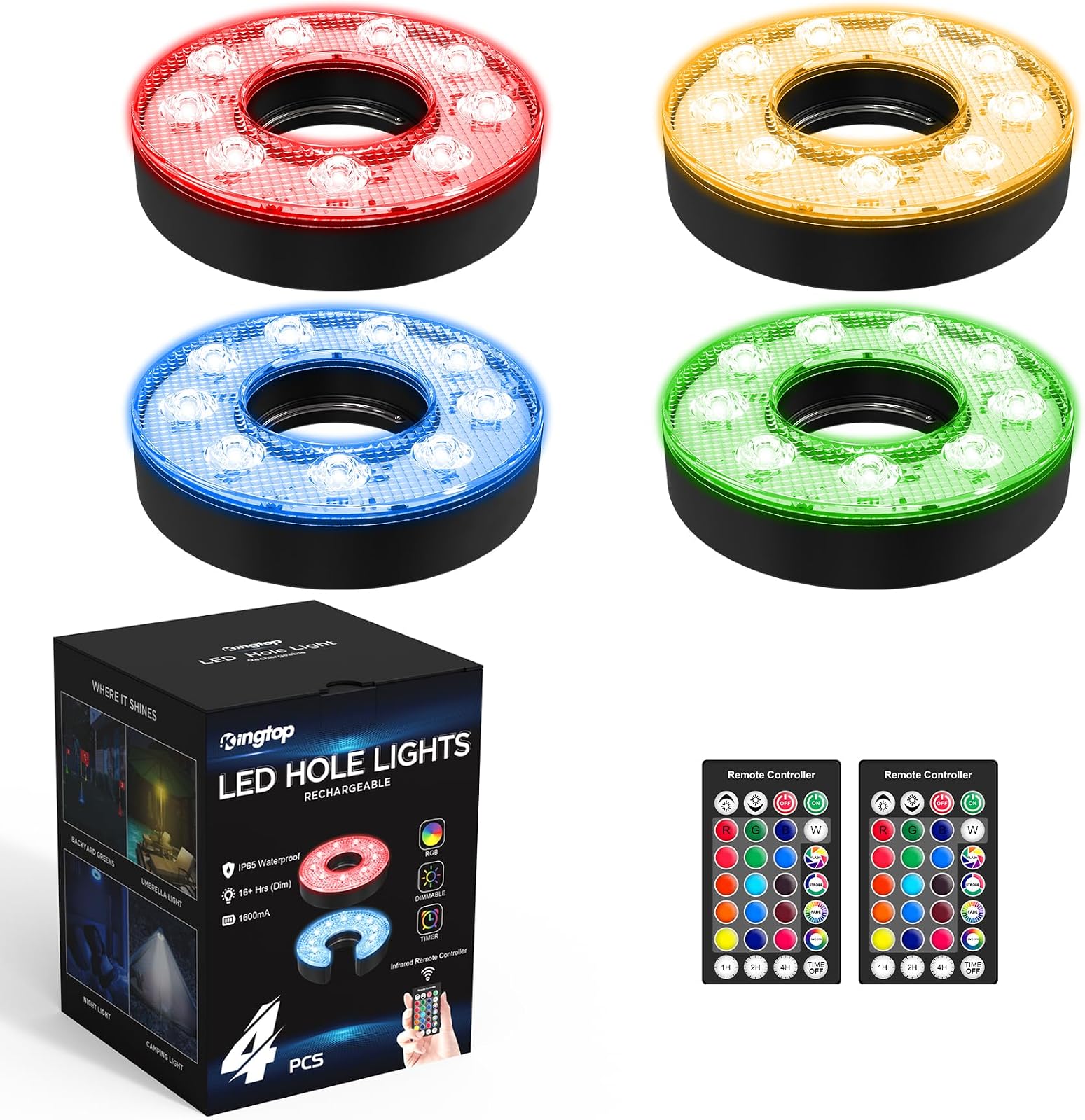 Rechargeable O-Shape LED Golf Hole Lights, 4 Pack